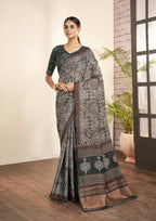 Grey Gajji Silk Paisley Print with Hand work Border Saree - Norita Nirvi