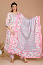 Miravan Women's Cotton Pink Floral Printed Straight Kurta Palazzo With Dupatta