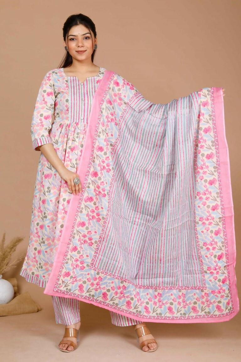 Miravan Women's Cotton Pink Floral Printed Straight Kurta Palazzo With Dupatta
