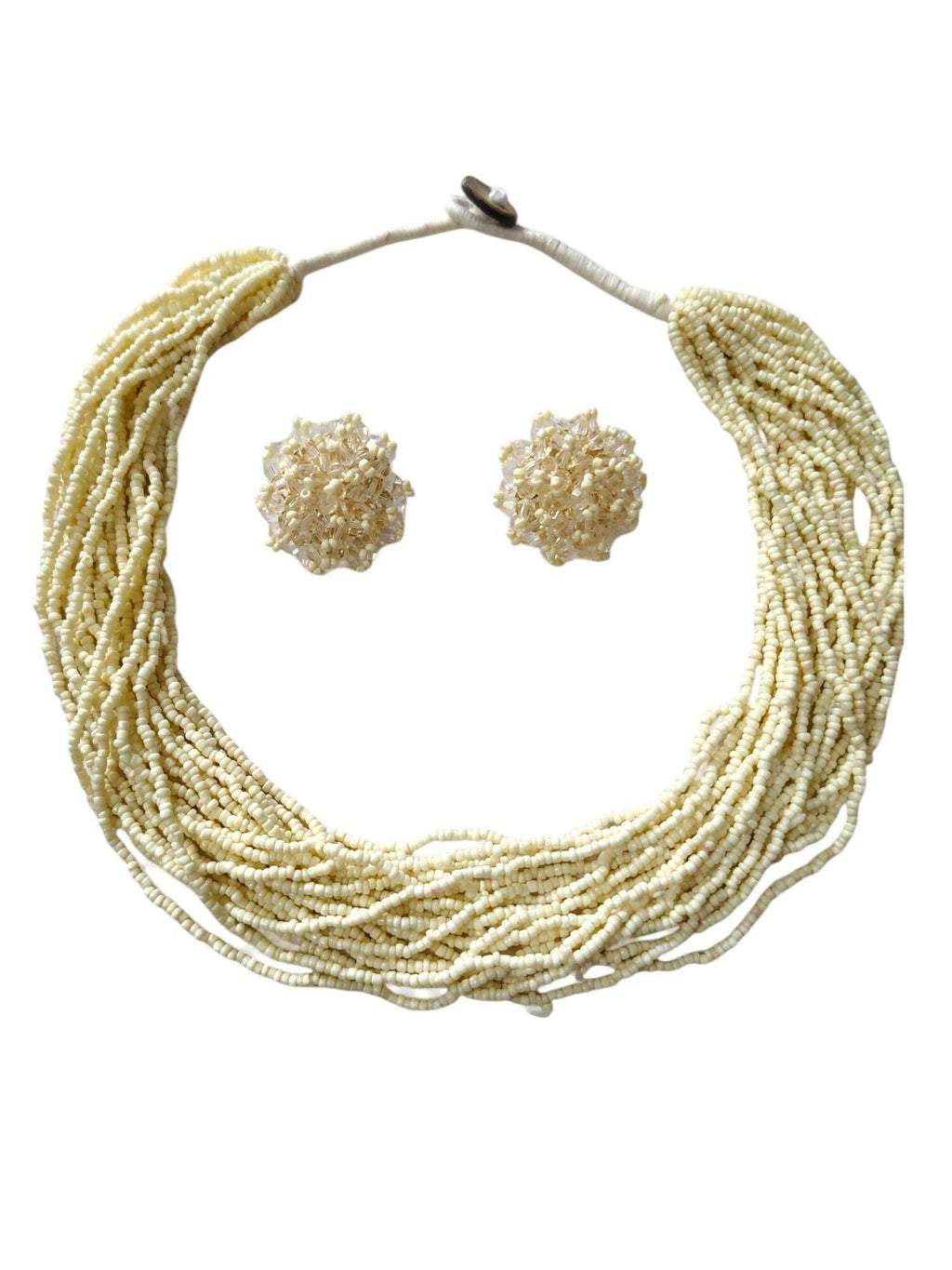 Inhanns Vibrant Handmade 20 Layers Beaded Necklace With Matching Earrings - Cream