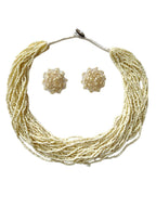Inhanns Vibrant Handmade 20 Layers Beaded Necklace With Matching Earrings - Cream
