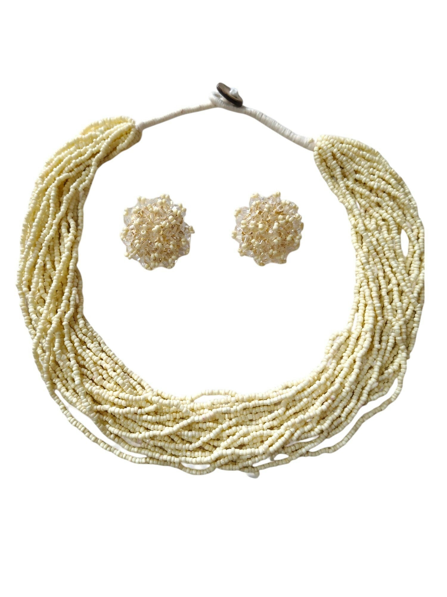 Inhanns Vibrant Handmade 20 Layers Beaded Necklace With Matching Earrings - Cream