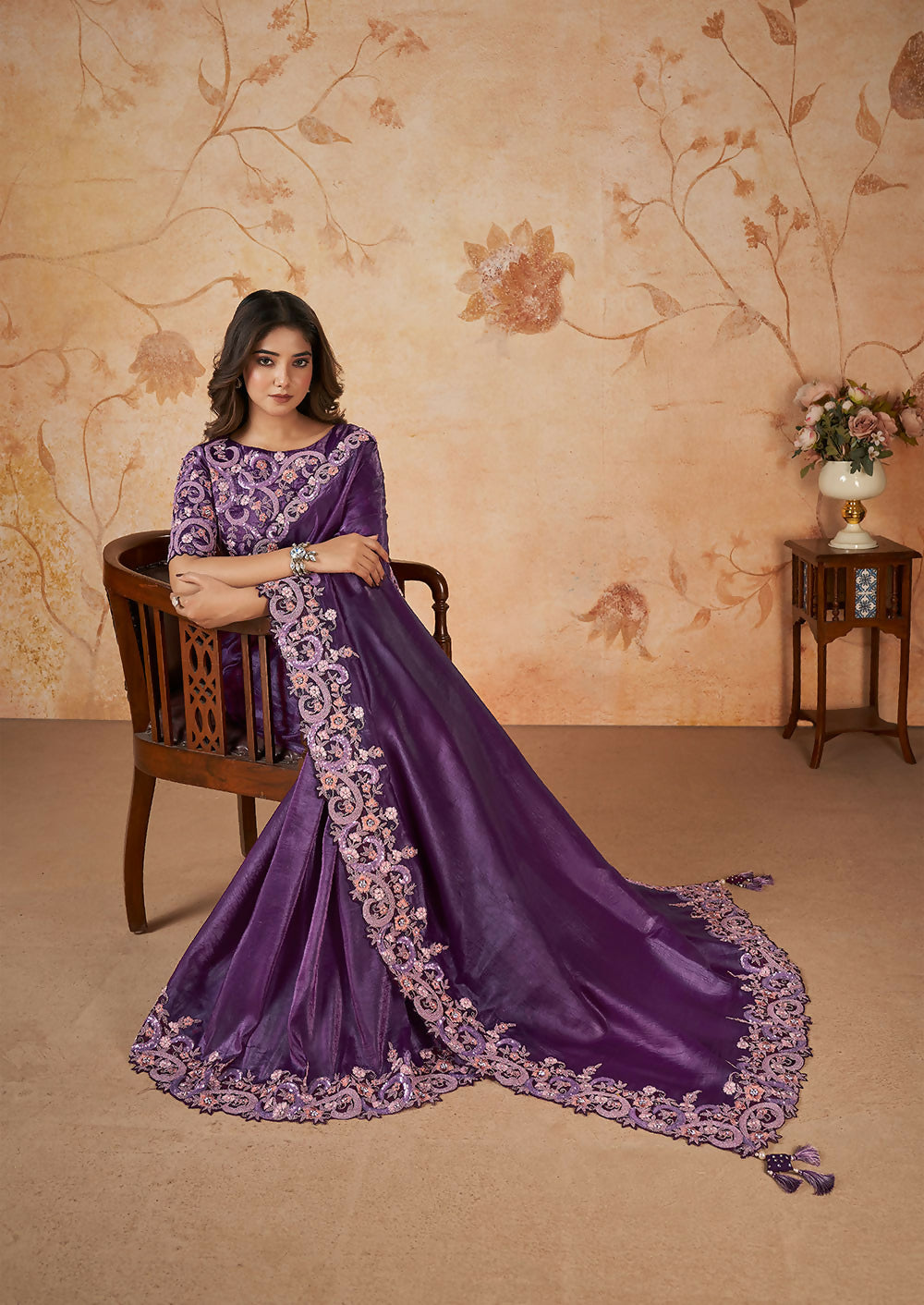 Purple Banarasi Crush Silk Thread, Sequence, Cord Embroidered with Stone & Moti Work Saree - Mohmanthan Dakshika