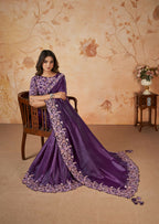 Purple Banarasi Crush Silk Thread, Sequence, Cord Embroidered with Stone & Moti Work Saree - Mohmanthan Dakshika