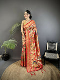 Joban Fashion Crimson Red Intricate Floral & Leaf Soft Silk Paithani Saree - Distacart