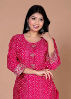 Miravan Women's Embroidered Pink Bandhani Pakistani Straight Kurti