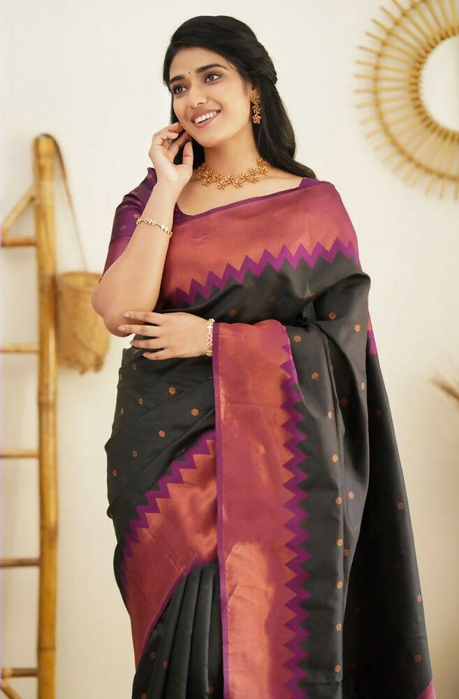 DEIANA'S Beautiful Designer Golden zari Soft Lichi Silk Saree - Black