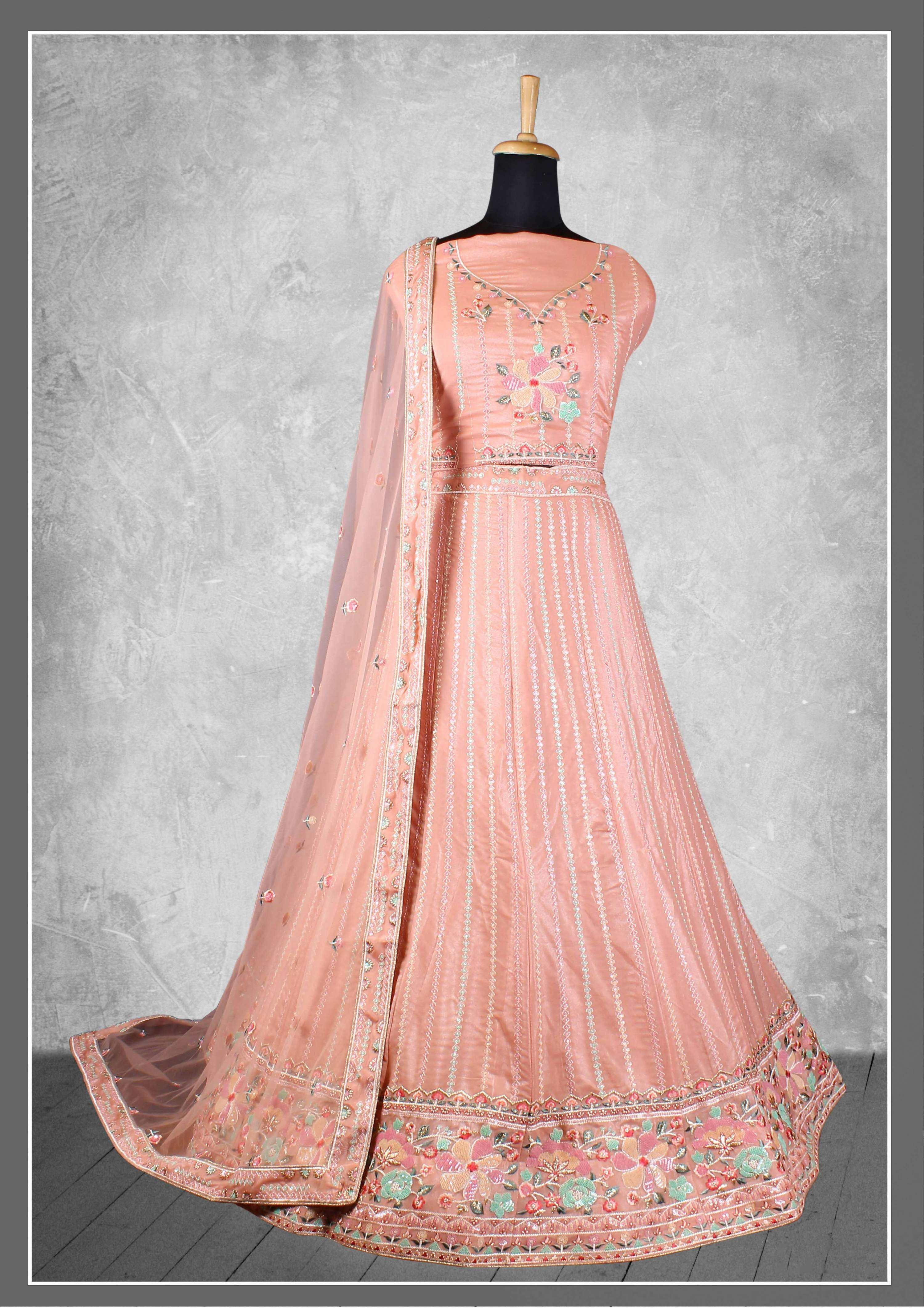 Peach Georgette Embroidery & Sequence Work Semi-Stitched Lehenga Choli - Nimaya Kangan