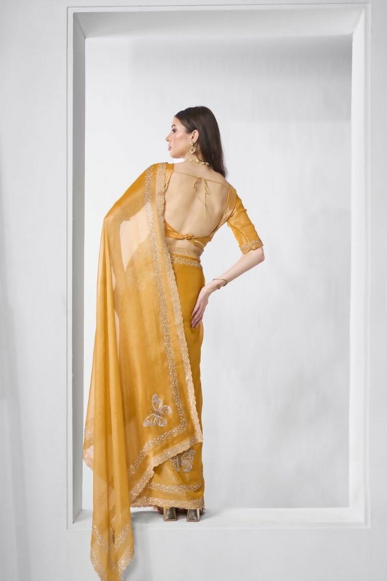 Yellow Burburry silk Swarovski Designer Work Saree - Shezlin
