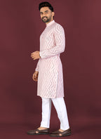 Prazu Fashion Baby Pink Soft Silk Unique Cross Pattern White Thread Embroidery With Silver Sequence Kurta