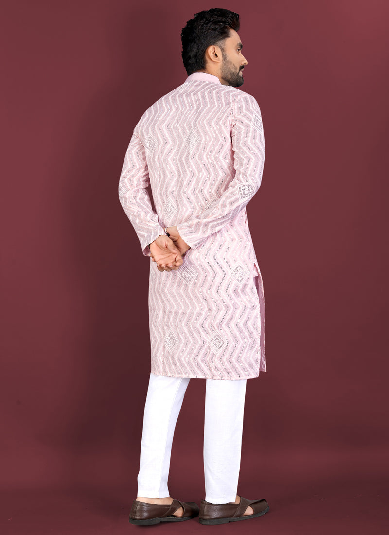 Prazu Fashion Baby Pink Soft Silk Unique Cross Pattern White Thread Embroidery With Silver Sequence Kurta