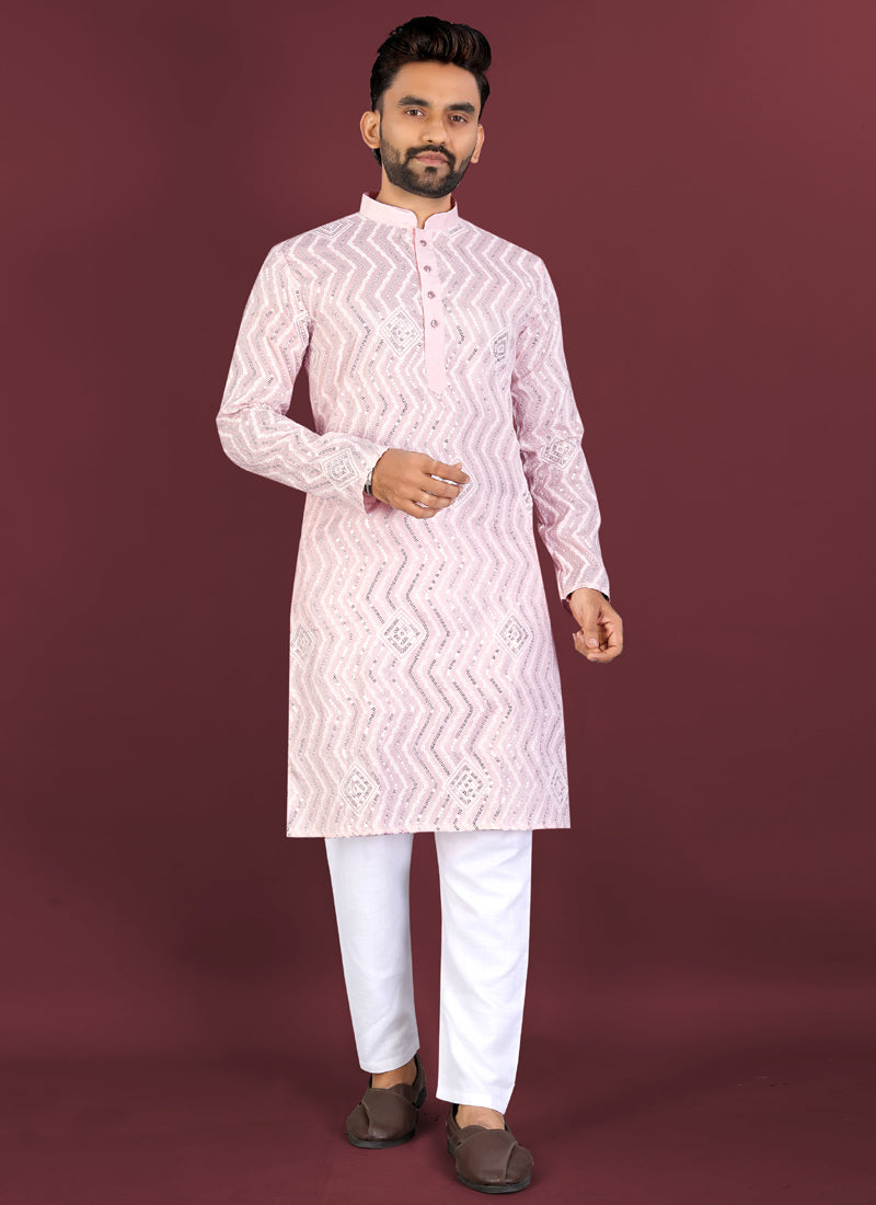 Prazu Fashion Baby Pink Soft Silk Unique Cross Pattern White Thread Embroidery With Silver Sequence Kurta