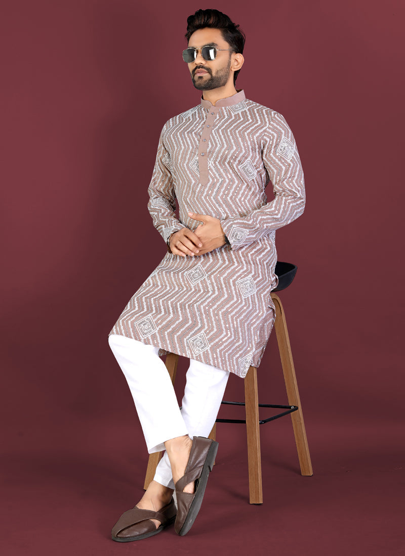 Prazu Fashion Beige Soft Silk Unique Cross Pattern White Thread Embroidery With Silver Sequence Kurta