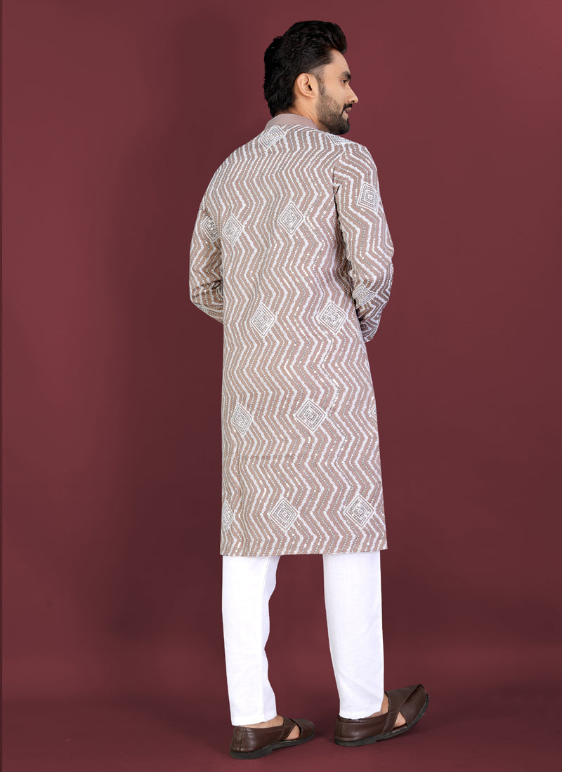 Prazu Fashion Beige Soft Silk Unique Cross Pattern White Thread Embroidery With Silver Sequence Kurta