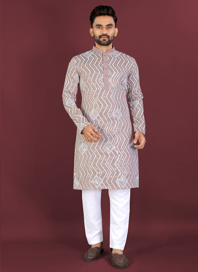 Prazu Fashion Beige Soft Silk Unique Cross Pattern White Thread Embroidery With Silver Sequence Kurta