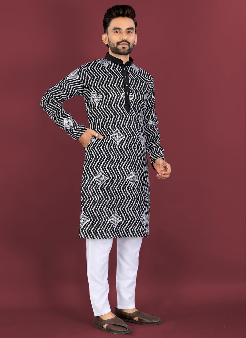 Prazu Fashion Black Soft Silk Unique Cross Pattern White Thread Embroidery With Silver Sequence Kurta