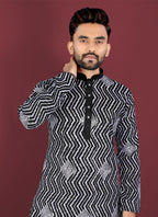 Prazu Fashion Black Soft Silk Unique Cross Pattern White Thread Embroidery With Silver Sequence Kurta