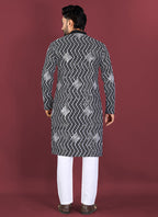 Prazu Fashion Black Soft Silk Unique Cross Pattern White Thread Embroidery With Silver Sequence Kurta