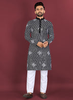 Prazu Fashion Black Soft Silk Unique Cross Pattern White Thread Embroidery With Silver Sequence Kurta