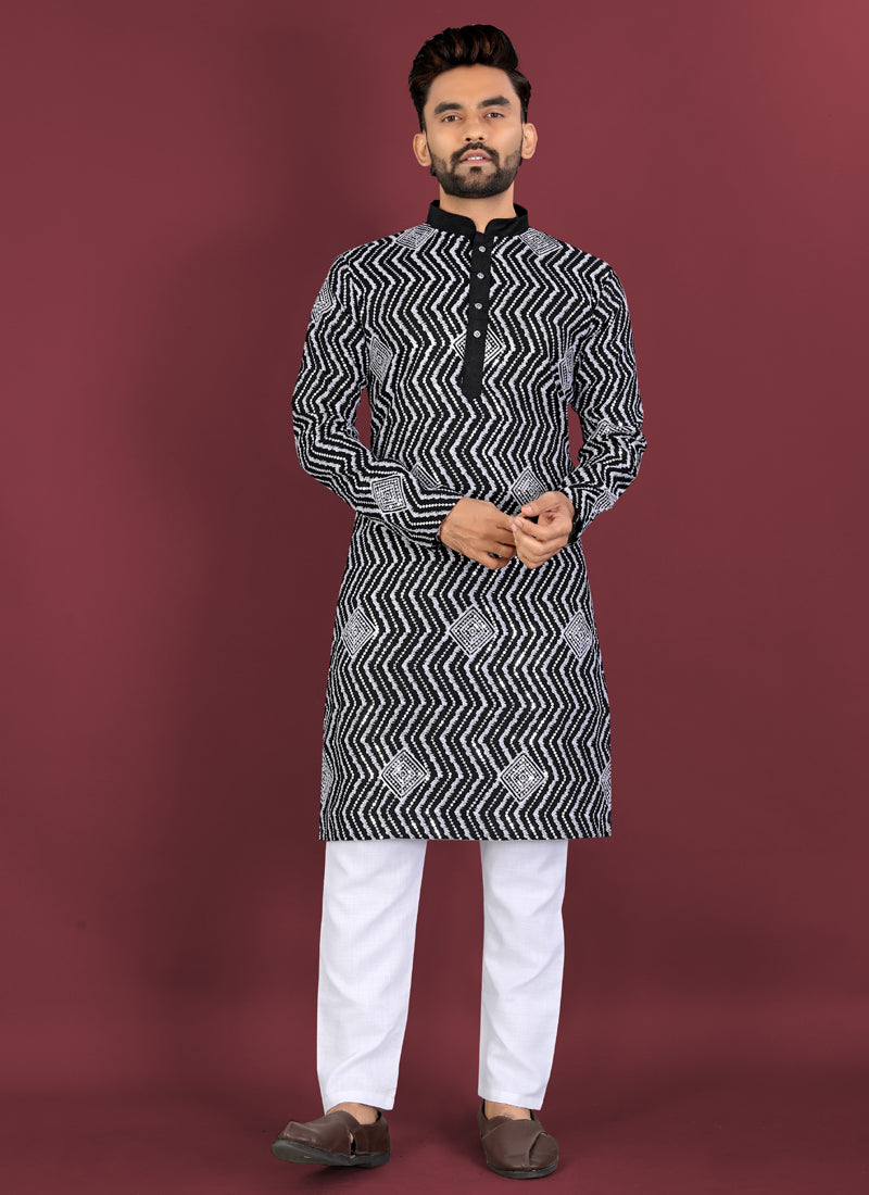 Prazu Fashion Black Soft Silk Unique Cross Pattern White Thread Embroidery With Silver Sequence Kurta
