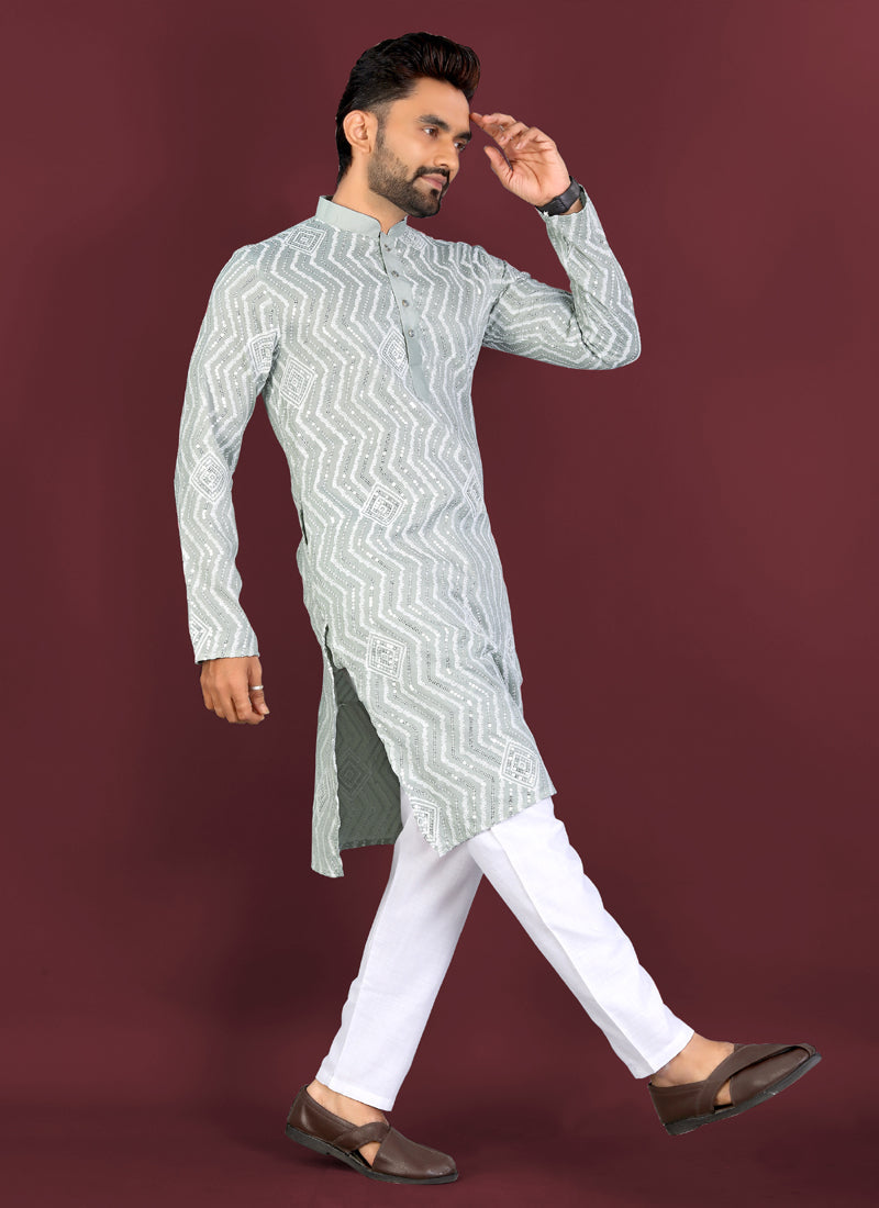 Prazu Fashion Grey Soft Silk Unique Cross Pattern White Thread Embroidery With Silver Sequence Kurta