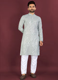 Prazu Fashion Grey Soft Silk Unique Cross Pattern White Thread Embroidery With Silver Sequence Kurta