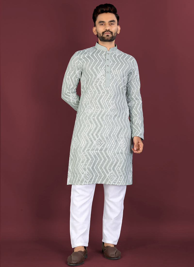 Prazu Fashion Grey Soft Silk Unique Cross Pattern White Thread Embroidery With Silver Sequence Kurta