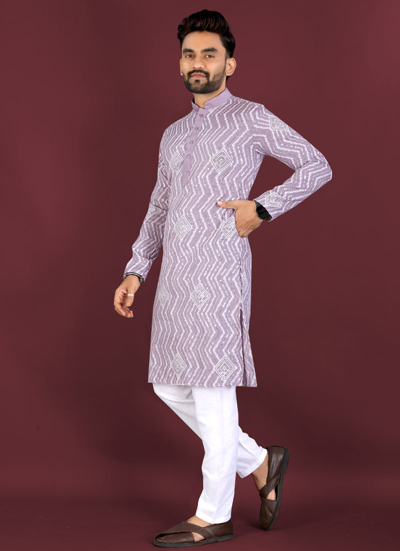 Prazu Fashion Lavender Soft Silk Unique Cross Pattern White Thread Embroidery With Silver Sequence Kurta