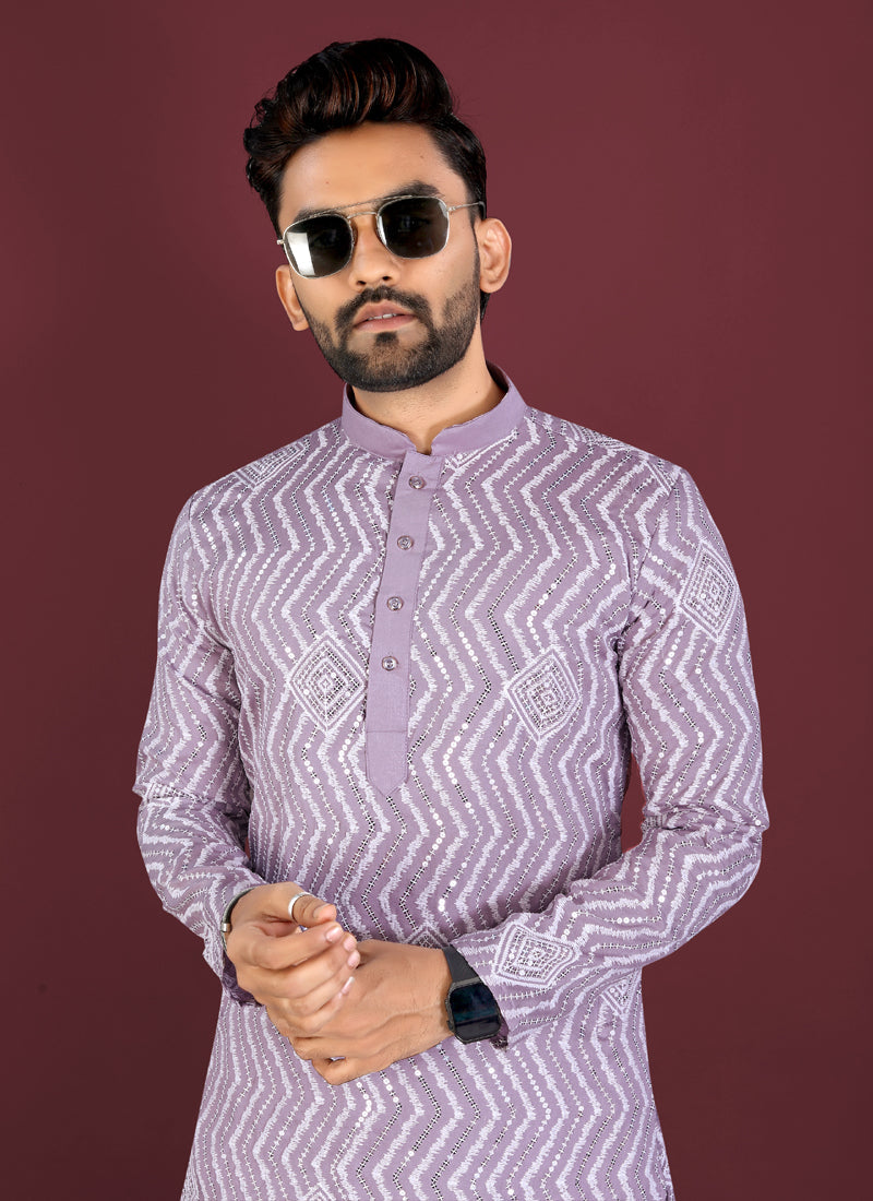Prazu Fashion Lavender Soft Silk Unique Cross Pattern White Thread Embroidery With Silver Sequence Kurta