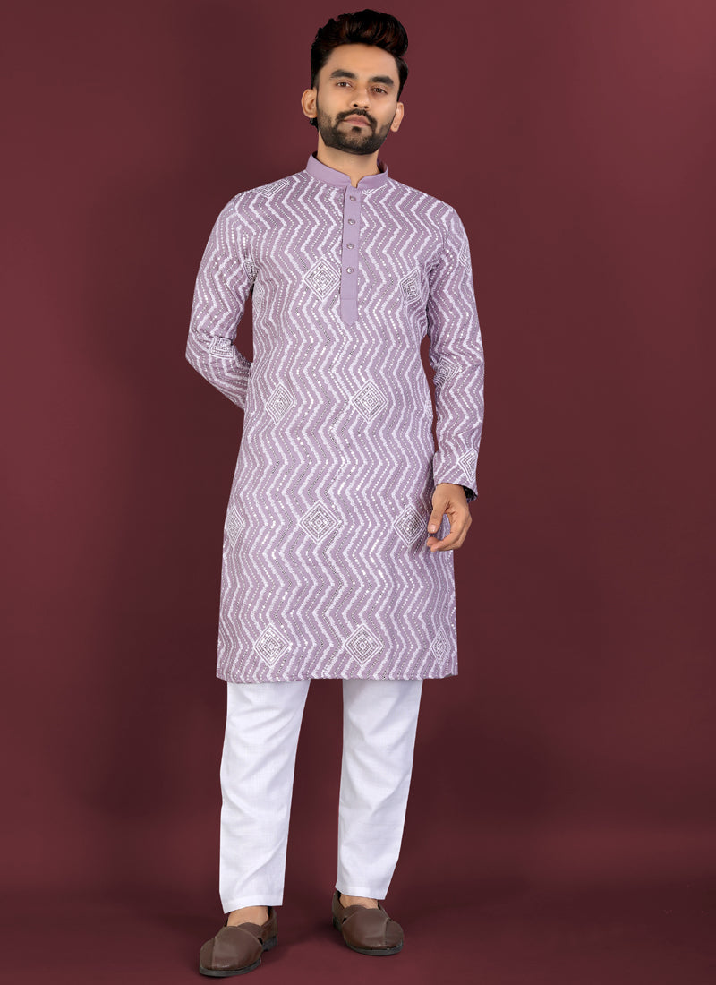 Prazu Fashion Lavender Soft Silk Unique Cross Pattern White Thread Embroidery With Silver Sequence Kurta