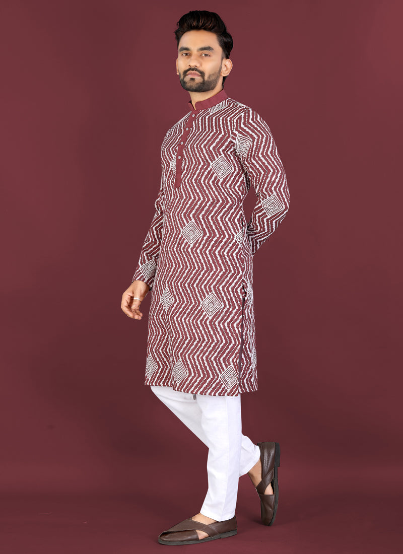 Prazu Fashion Maroon Soft Silk Unique Cross Pattern White Thread Embroidery With Silver Sequence Kurta