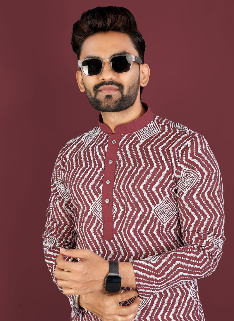 Prazu Fashion Maroon Soft Silk Unique Cross Pattern White Thread Embroidery With Silver Sequence Kurta