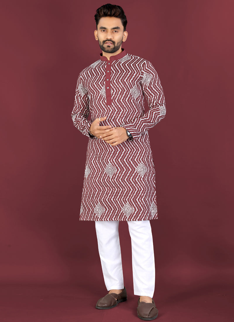 Prazu Fashion Maroon Soft Silk Unique Cross Pattern White Thread Embroidery With Silver Sequence Kurta