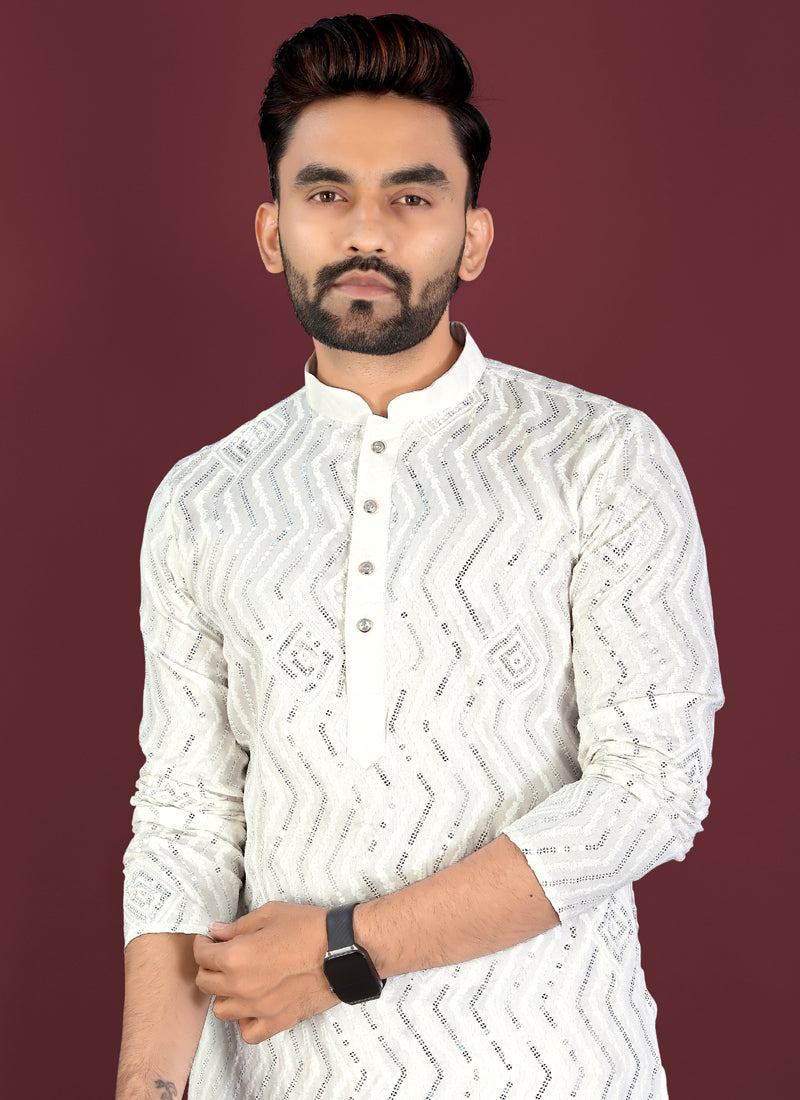 Prazu Fashion Off White Soft Silk Unique Cross Pattern White Thread Embroidery With Silver Sequence Kurta