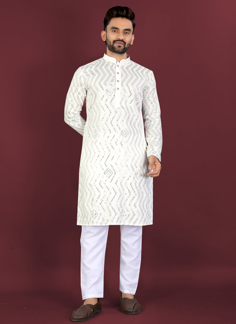 Prazu Fashion Off White Soft Silk Unique Cross Pattern White Thread Embroidery With Silver Sequence Kurta