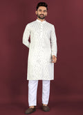 Prazu Fashion Off White Soft Silk Unique Cross Pattern White Thread Embroidery With Silver Sequence Kurta