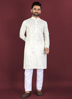Prazu Fashion Off White Soft Silk Unique Cross Pattern White Thread Embroidery With Silver Sequence Kurta