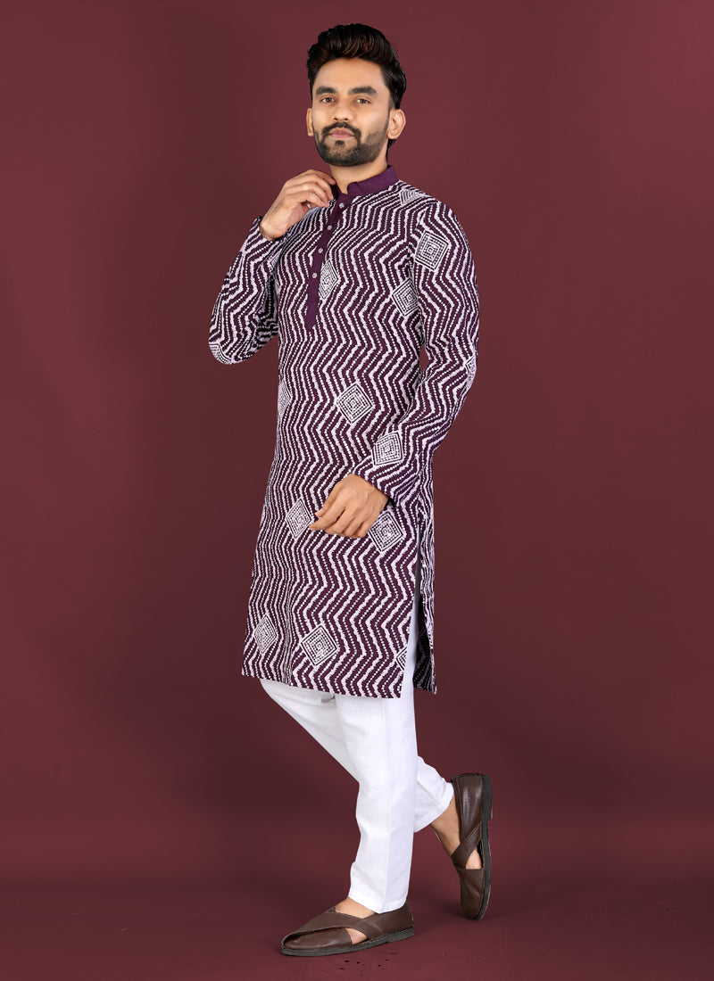 Prazu Fashion Purple Soft Silk Unique Cross Pattern White Thread Embroidery With Silver Sequence Kurta