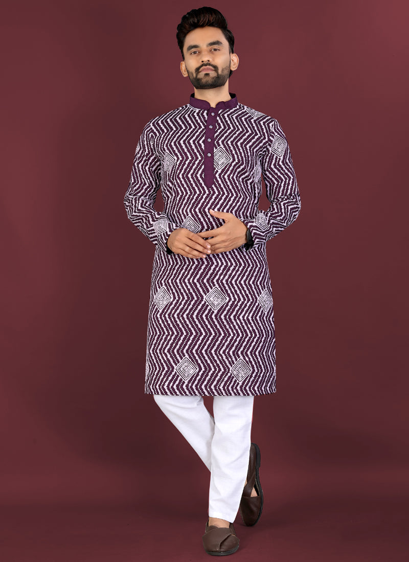 Prazu Fashion Purple Soft Silk Unique Cross Pattern White Thread Embroidery With Silver Sequence Kurta
