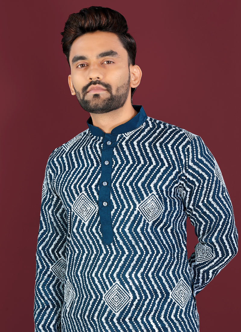 Prazu Fashion Royal Blue Soft Silk Unique Cross Pattern White Thread Embroidery With Silver Sequence Kurta