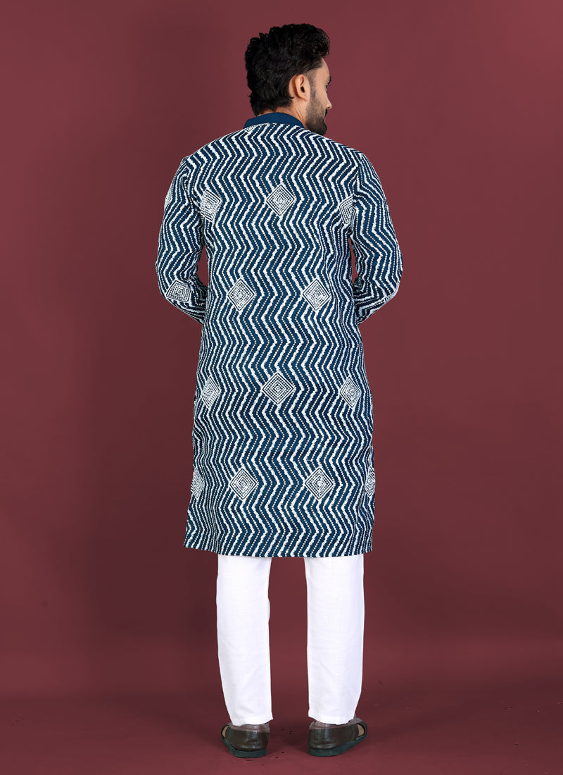 Prazu Fashion Royal Blue Soft Silk Unique Cross Pattern White Thread Embroidery With Silver Sequence Kurta