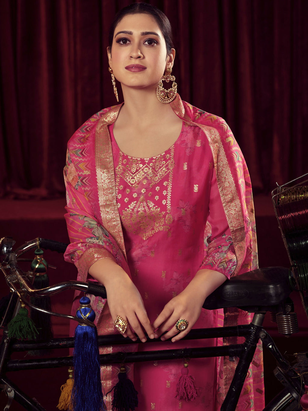 Jyoti Fashion Women's Magenta Organza Jacquard Woven Kurta with Trouser & Dupatta