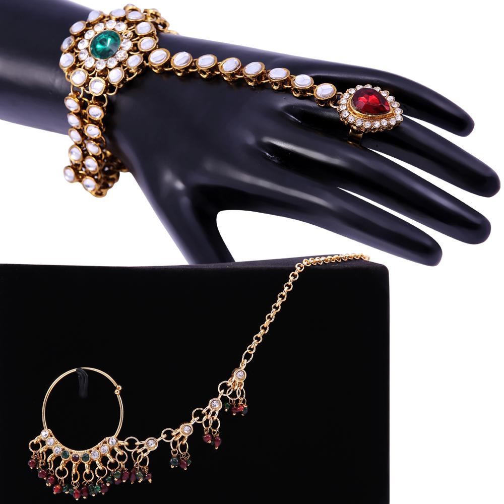Gold-Polished Alloy Nath And Hathphool Combo - The Pari