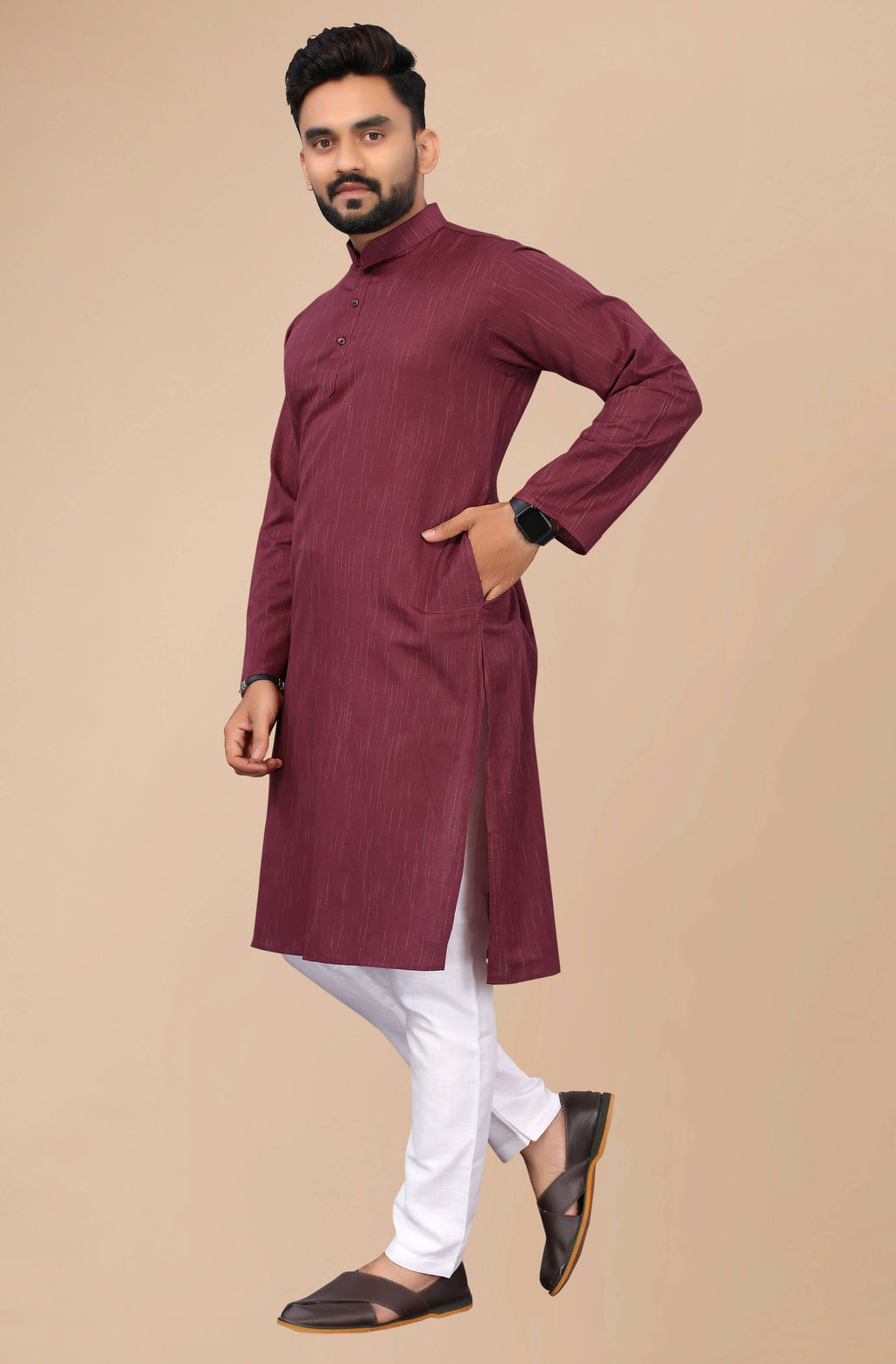 Men's Burgundy Striped Cotton Kurta - Mahotsav