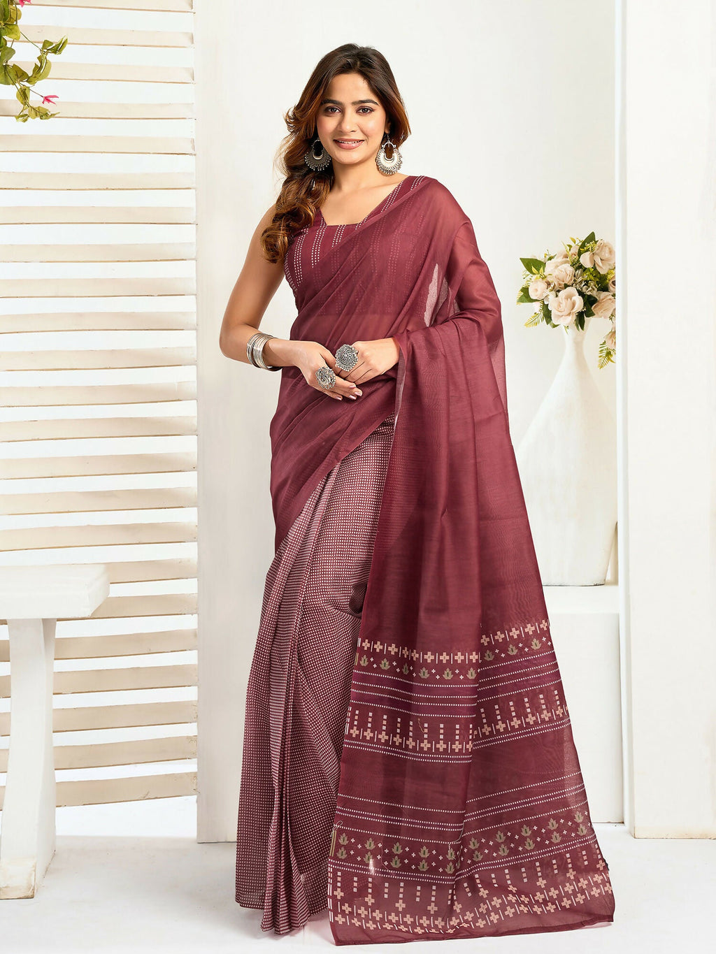Joban Fashion Maroon Ethnic Motifs Linen Ready To Wear Saree With Unstitched Blouse - Distacart