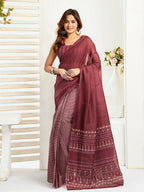 Joban Fashion Maroon Ethnic Motifs Linen Ready To Wear Saree With Unstitched Blouse - Distacart