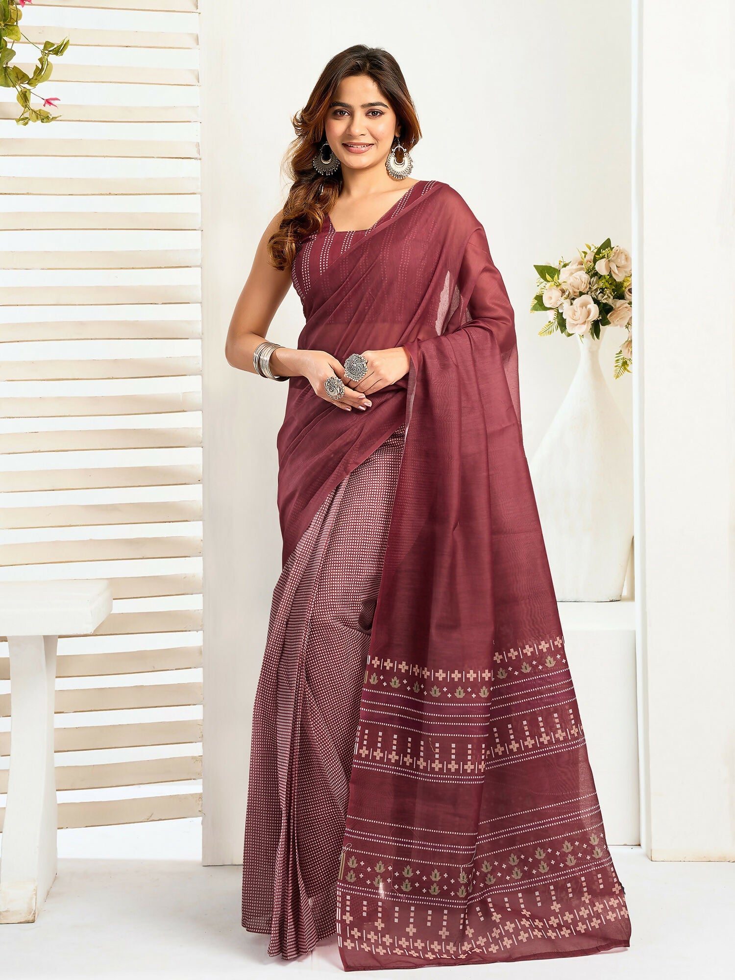 Joban Fashion Maroon Ethnic Motifs Linen Ready To Wear Saree With Unstitched Blouse - Distacart