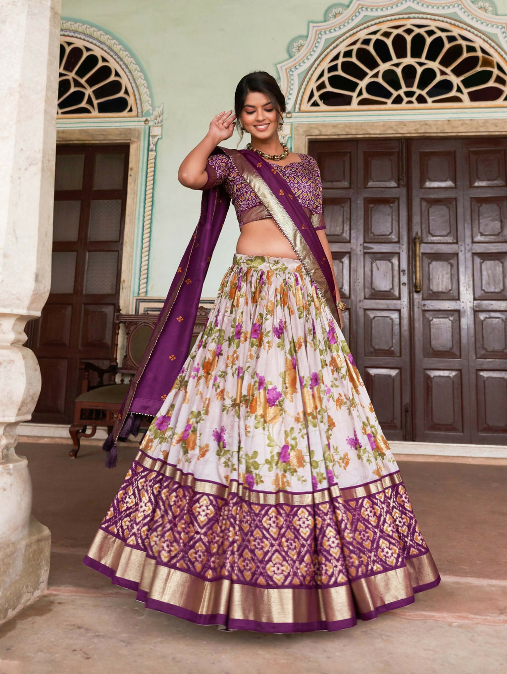 Vastranavya Exquisite Tussar Silk Lehenga Set With Perfect Floral And Patola Print Design Lehenga Choli - Wine