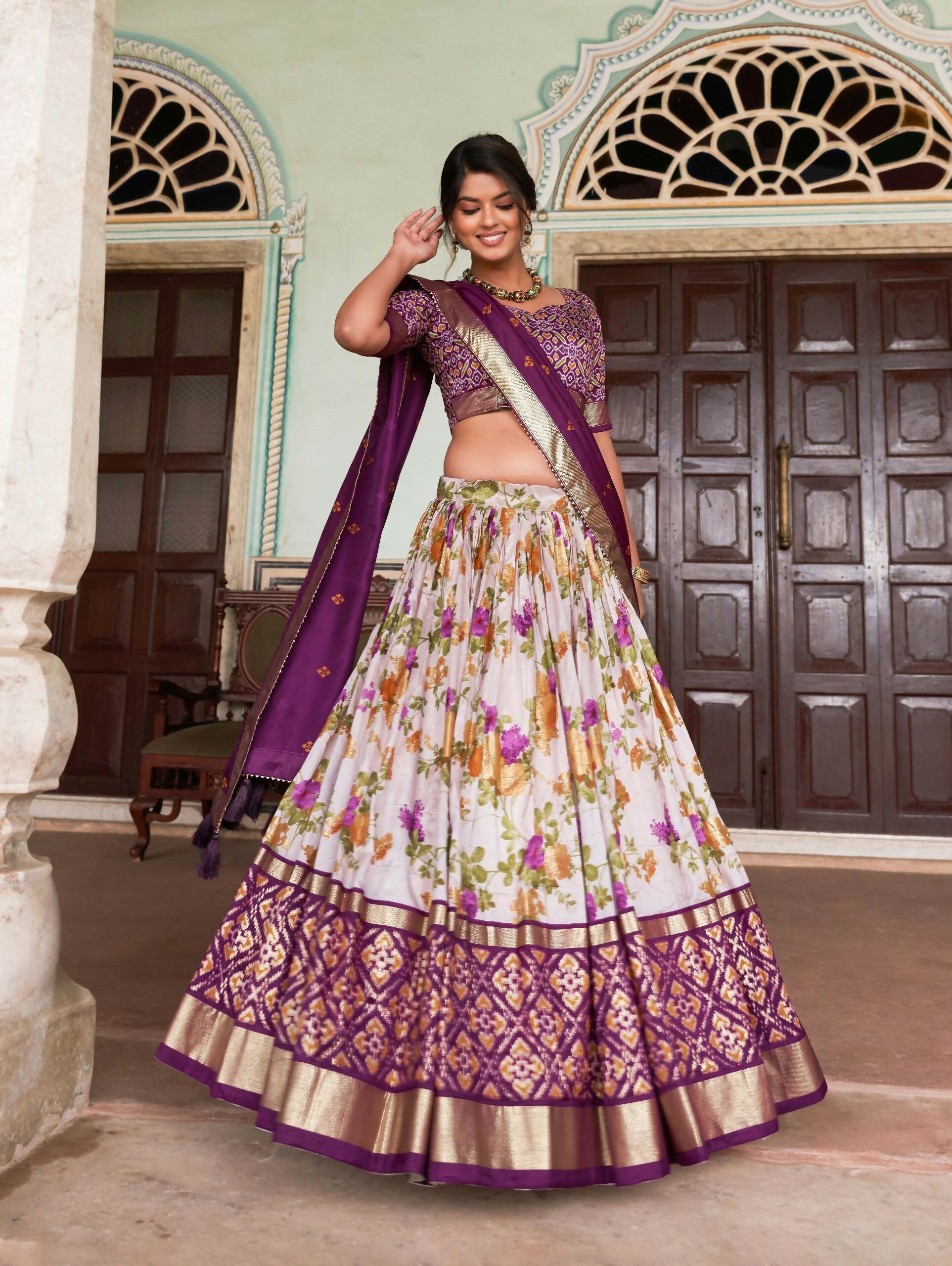 Vastranavya Exquisite Tussar Silk Lehenga Set With Perfect Floral And Patola Print Design Lehenga Choli - Wine
