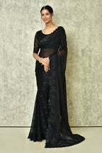 Black Silk Stripe Saree With Blouse Piece - Purvi